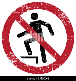 No stepping on surface, ISO 7010 P019 Prohibition Sign, Distressed Grunge Texture, Weathered Worn Safety Pictogram, Red Evacuation Fire Warning Symbol Stock Vector