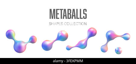 Holographic gradient metaball pack with iridescent liquid blob shapes glossy vector elements for futuristic branding technology interfaces and creativ Stock Vector