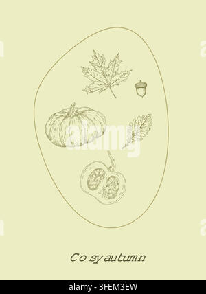 Vector autumn poster with hand drawn pumpkins, leaves and acorn. Minimalist holiday greeting card with text typography isolated on background. Elegant Stock Vector