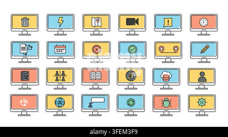 Big set of 24 computer monitor vector icons. Black line art with colorful offset fill style on white background. Stock Vector