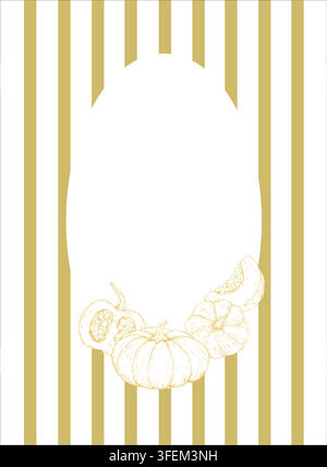 Vector autumn frame template with golden stripes and pumpkins. Modern vertical background with blank copy space for Thanksgiving invitation Stock Vector