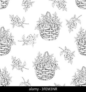 Vector blueberries in wicker basket seamless pattern, graphic hand drawn isolated illustration. Rustic harvest farmhouse style perfect for harvest Stock Vector