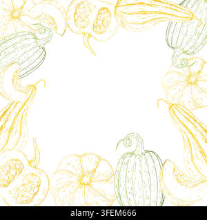 Vector pumpkin frame, template. Vegetable seeds, graphic logo, hand drawn isolated illustration. Halloween autumn perfect for harvest and thanksgiving Stock Vector