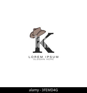 Letter K Logo with a Cowboy Hat. Alphabet K with modern Design Stetson Hat Icon Stock Vector