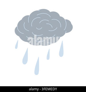 Storm gray cloud with falling raindrops minimalist flat hand drawn weather illustration, overcast sky element, rainy season or environmental concept, seasonal summer decor, card, invitation, poster Stock Vector