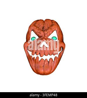 Terrifying orange jack o lantern Halloween mask with glowing green eyes, jagged teeth and menacing expression isolated on white background Stock Photo