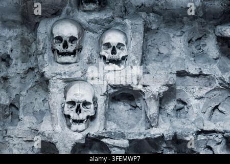 Weathered human skulls set into crumbling stone niches, close-up detail with dark moody tones. Stock Photo