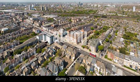 An aerial view capturing Lavender Hill in Battersea, London, to showcase local architecture and the historic Battersea Arts Centre landmark. Stock Photo