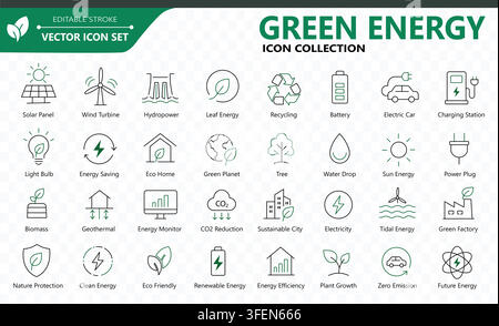 Green Energy Icon Collection Featuring Renewable Power, Sustainable Technology, Electric Vehicles, Recycling, and Environmental Solutions Stock Vector