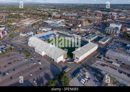 Aerial view of the Halliwell Jones Stadium, home ground of the Warrington Wolves, a rugby league stadium in Warrington, England. Stock Photo