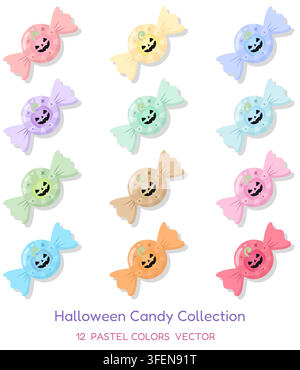 Collection of 12 pastel Halloween wrapped candies decorated with cute jack o lantern pumpkin faces, stars and glossy details. Colorful vector set for Stock Vector