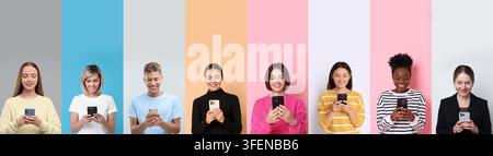 People using mobile phones. Collage of portraits on colorful backgrounds Stock Photo