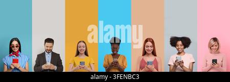 People using mobile phones. Collage of portraits on colorful backgrounds Stock Photo
