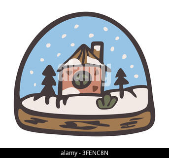 Christmas snow globe vector illustration. Winter holiday cabin souvenir isolated on white background Stock Vector