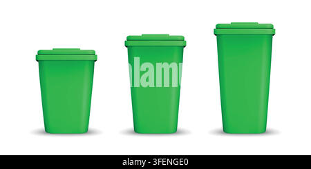 Green Trash Bin Vector Illustration. 3d Green Trash Can Set. Waste Bin Illustration for Recycling, Garbage Collection, Eco Cleaning, Waste Management Stock Vector