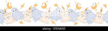 Seamless vector border with Halloween ghosts and candles Stock Vector