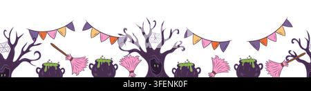 Seamless vector border with spooky trees, cauldrons and brooms Stock Vector