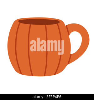 Cozy orange pumpkin-shaped ceramic mug vector isolated on white background. Ideal for Halloween party graphics, autumn coffee cup icons, Thanksgiving Stock Vector