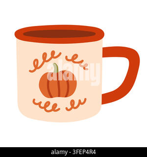 Cute cream enamel mug with orange pumpkin illustration vector isolated on white. Perfect for autumn camping graphics, fall hot chocolate banners Stock Vector