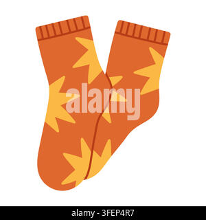 Cute orange wool socks with yellow star pattern vector isolated on white background. Ideal for autumn cozy fashion graphics, fall lifestyle prints Stock Vector