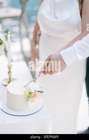 A bride and groom cut a simple white wedding cake decorated with fresh flowers during their wedding celebration. Stock Photo