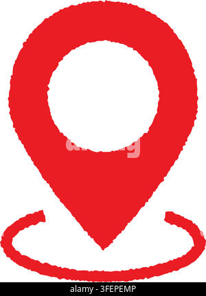Red map location pin icon with signal arc underneath. Rough stamp hand-drawn texture. Isolated on transparent background. Stock Vector