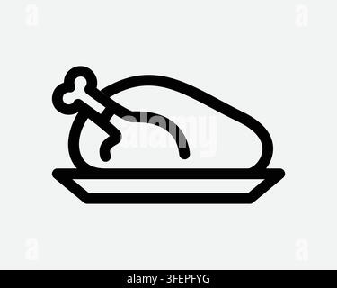 Thanksgiving Turkey On Plate Line Icon Chicken Poultry Dinner Outline Shape Symbol Holiday Meal Food Sign Stock Vector