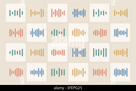 Curated 24-variant collection of equalizer icons with functional hardware and control differences for podcast branding, audio production, creator mark Stock Vector