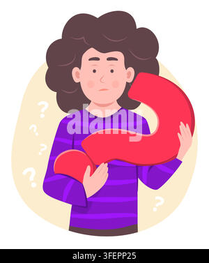 Curious Kid Boy Holding a Big Question Mark Symbol in Hands with Feeling of Confuse for Q&A Concept Illustration Clip Art Stock Vector