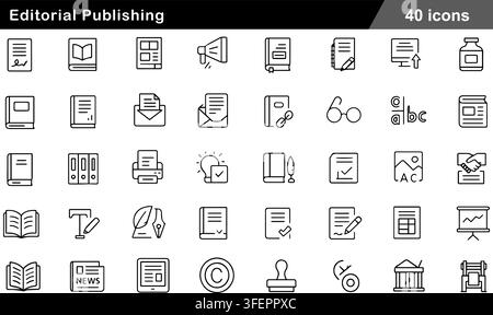 Vector illustration set of 40 editorial publishing line icons featuring open book, newspaper, manuscript, typewriter, pen, and press media symbols. Stock Vector