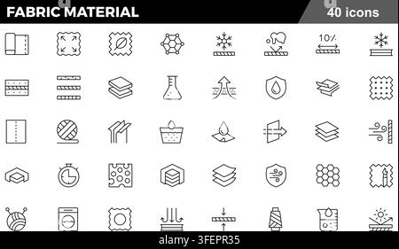 Vector illustration set of 40 fabric material line icons featuring textile roll, breathable layer, waterproof shield, yarn ball, and cloth properties. Stock Vector