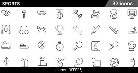 Vector illustration set of 32 sports line icons featuring whistle, dumbbell, kettlebell, basketball hoop, trophy, surfboard, and fitness equipment. Stock Vector