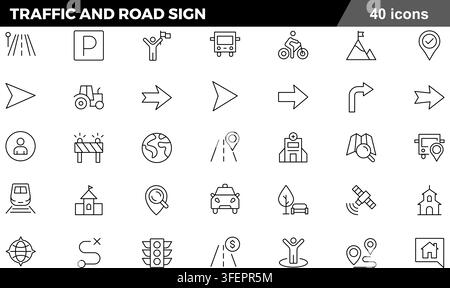 Vector illustration set of 40 traffic and road sign line icons featuring parking sign, highway lane, traffic light, turn arrow, and road barrier. Stock Vector