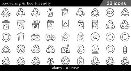 Vector illustration set of 32 recycling & eco friendly line icons featuring recycle arrows, trash bin, green leaf, eco bag, truck, and earth globe. Stock Vector