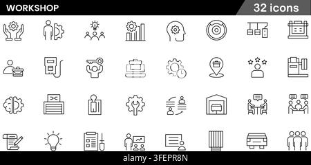 Vector illustration set of 32 workshop line icons featuring gear mechanism, training session, team seminar, wrench tool, garage, and development. Stock Vector