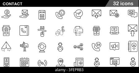Vector illustration set of 32 contact line icons featuring telephone call, email envelope, fax machine, phone book, webcam, and support symbols. Stock Vector