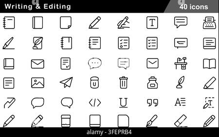 Vector illustration set of 40 writing and editing line icons featuring pencil, pen, notebook, typewriter, inkwell, feather quill, and document paper. Stock Vector