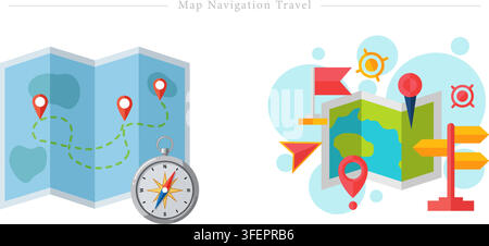 Vector illustration set of map navigation travel concept featuring folded paper map, route pin, location pointer, compass, flag marker, and signpost. Stock Vector