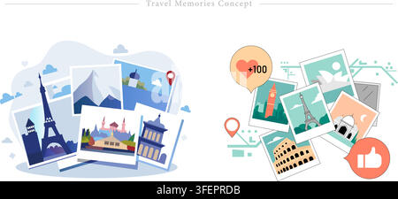 Vector illustration set of travel memories concept featuring polaroid photo snapshots, eiffel tower, colosseum, taj mahal, location pin, and like icon Stock Vector