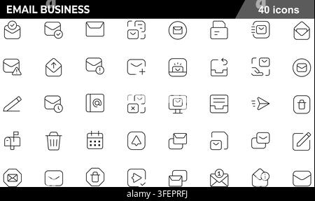 Vector illustration set of 40 email business line icons featuring envelope mail, inbox, paper plane, address book, mailbox, and trash bin symbols. Stock Vector