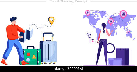 Vector illustration set of travel planning concept featuring tourists with paper map, world map, luggage suitcase, luggage bag, and route pin icons. Stock Vector
