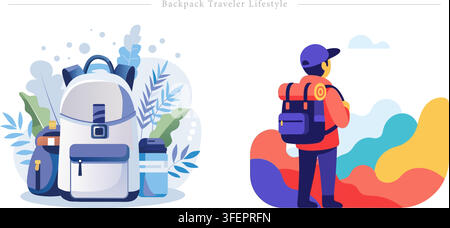 Vector illustration set of backpack traveler lifestyle concept featuring travel backpack luggage, water bottle, tourist character, and hiking gear. Stock Vector