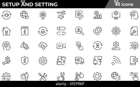 Vector illustration set of 40 setup and setting line icons featuring gear cog, system configuration, slider control, wrench, and preferences. Stock Vector