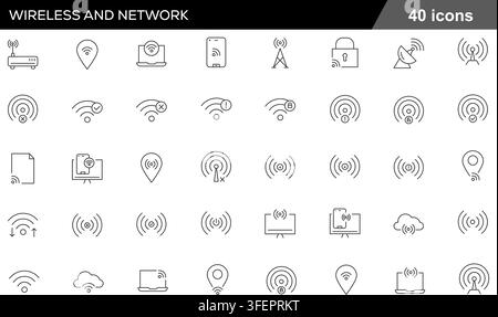 Vector illustration set of 40 wireless and network line icons featuring wifi signal, router, antenna, satellite dish, hotspot, and cloud connection. Stock Vector