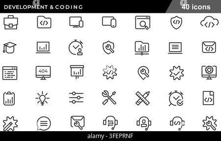 Vector illustration set of 40 development and coding line icons featuring code brackets, web optimization, bug fixing, cloud coding, and 404 page. Stock Vector