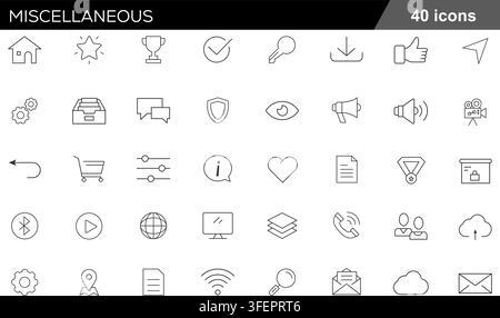 Vector illustration set of 40 miscellaneous line icons featuring home, star, trophy, key, download, shield, cart, cloud, and user interface symbols. Stock Vector