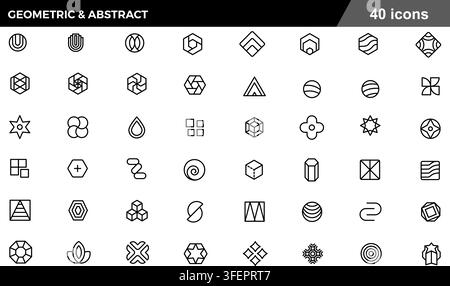 Vector illustration set of 40 geometric and abstract line icons featuring hexagon, cube, star, circle, modern logo shapes, and linear branding symbols Stock Vector