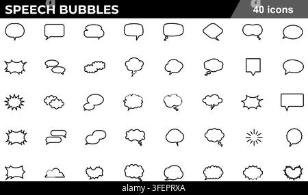 Vector illustration set of 40 speech bubbles line icons featuring chat cloud, thought balloon, comic burst, dialogue box, and callout symbols. Stock Vector