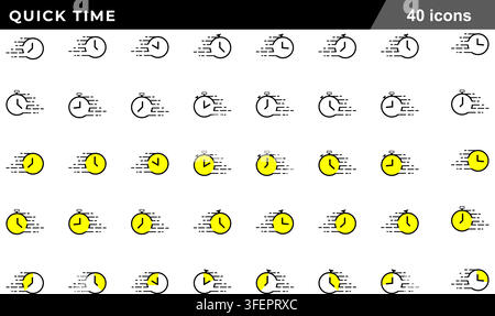 Vector illustration set of 40 quick time line icons featuring fast clock, speed motion lines, stopwatch, express delivery, and deadline symbols. Stock Vector