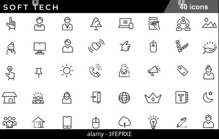 Vector illustration set of 40 soft tech icons featuring user avatar, touch gesture, computer mouse, cloud upload, lightbulb, crown, and UI symbols. Stock Vector